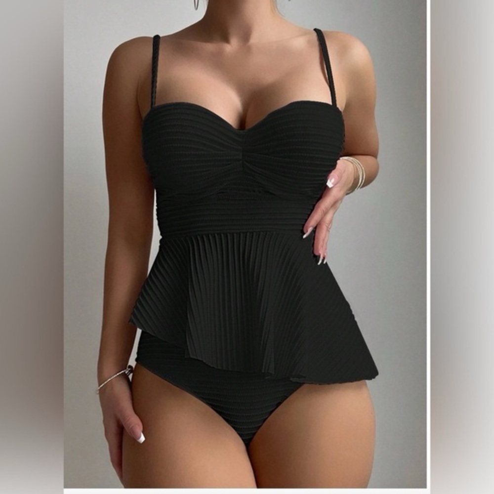 Ribbed Texture Detail Thin Strap Cami Tankini Set
